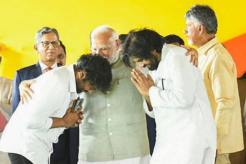 Modi with Janasena Chief Pawan Kalyan and K Chiranjeevi